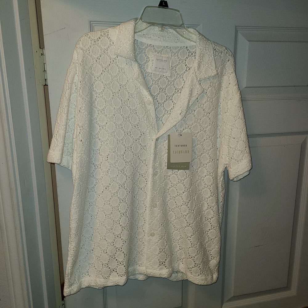 Textured Mens White Short Sleeve Button Down Shirt Size L